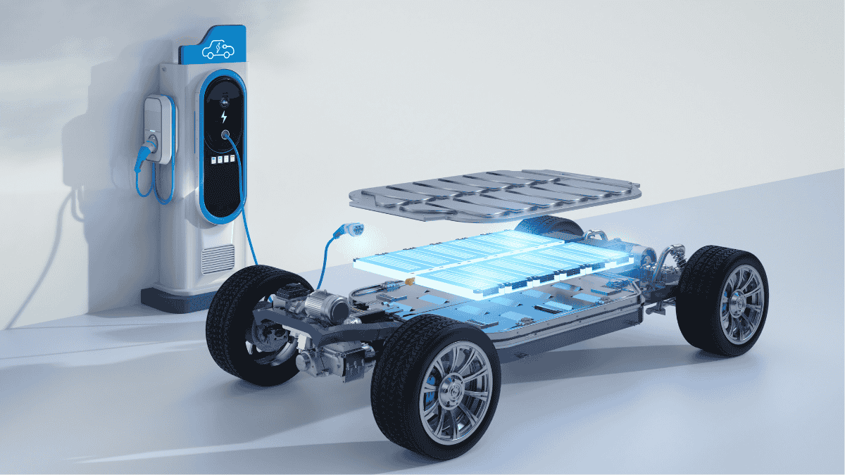 Technische Darstellung einer BEV Skateboard-Plattform mit Batteriepaket im Fahrzeugboden und Elektromotoren.