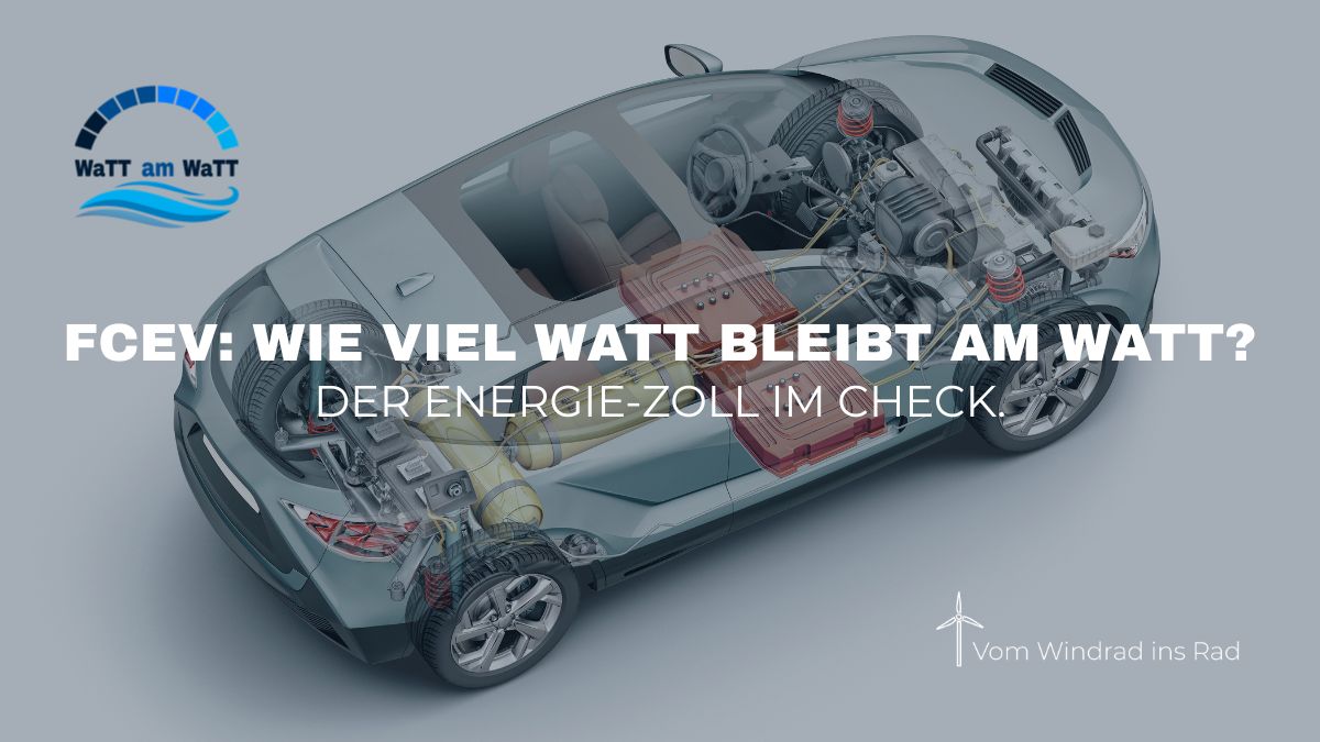 Röntgenansicht eines Wasserstoffautos (FCEV) mit sichtbaren Tanks und Brennstoffzelle, darüber der Text: FCEV: Wie viel Watt bleibt am Watt? Der Energie-Zoll im Check.