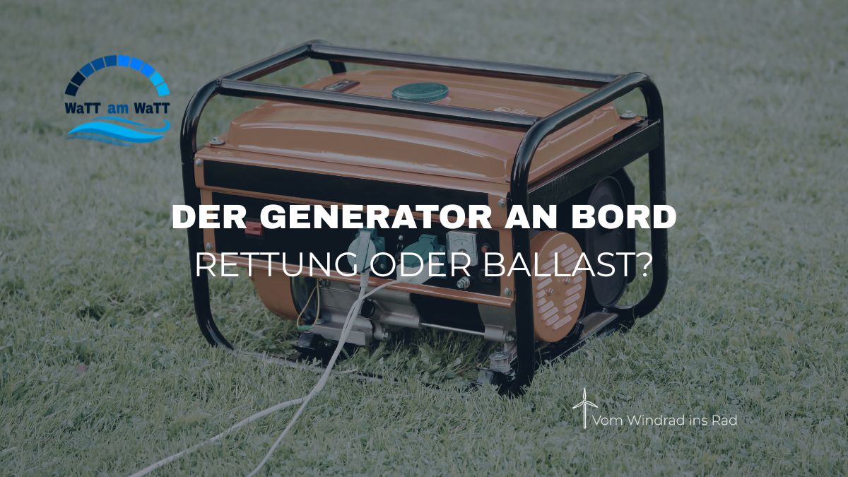 Ein tragbares Stromaggregat auf einer Wiese als Symbol für den Range Extender (REEV) im Elektroauto, mit dem Text: Der Generator an Bord – Rettung oder Ballast?